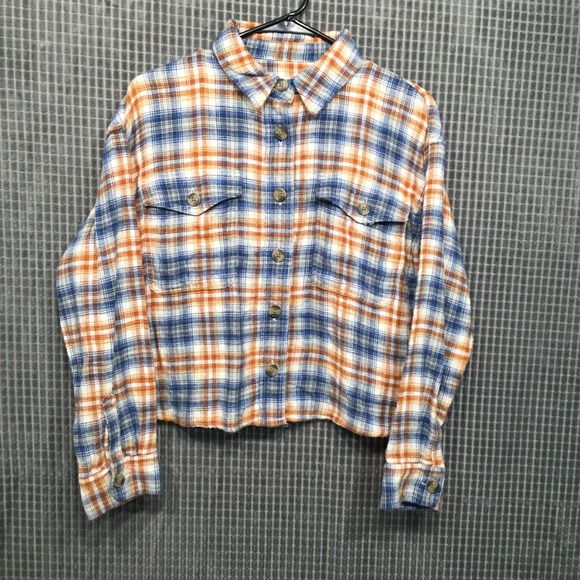 American Eagle Tops - American Eagle Womens Flannel Shirt S Blue Orange Excellent Cropped Plaid Button